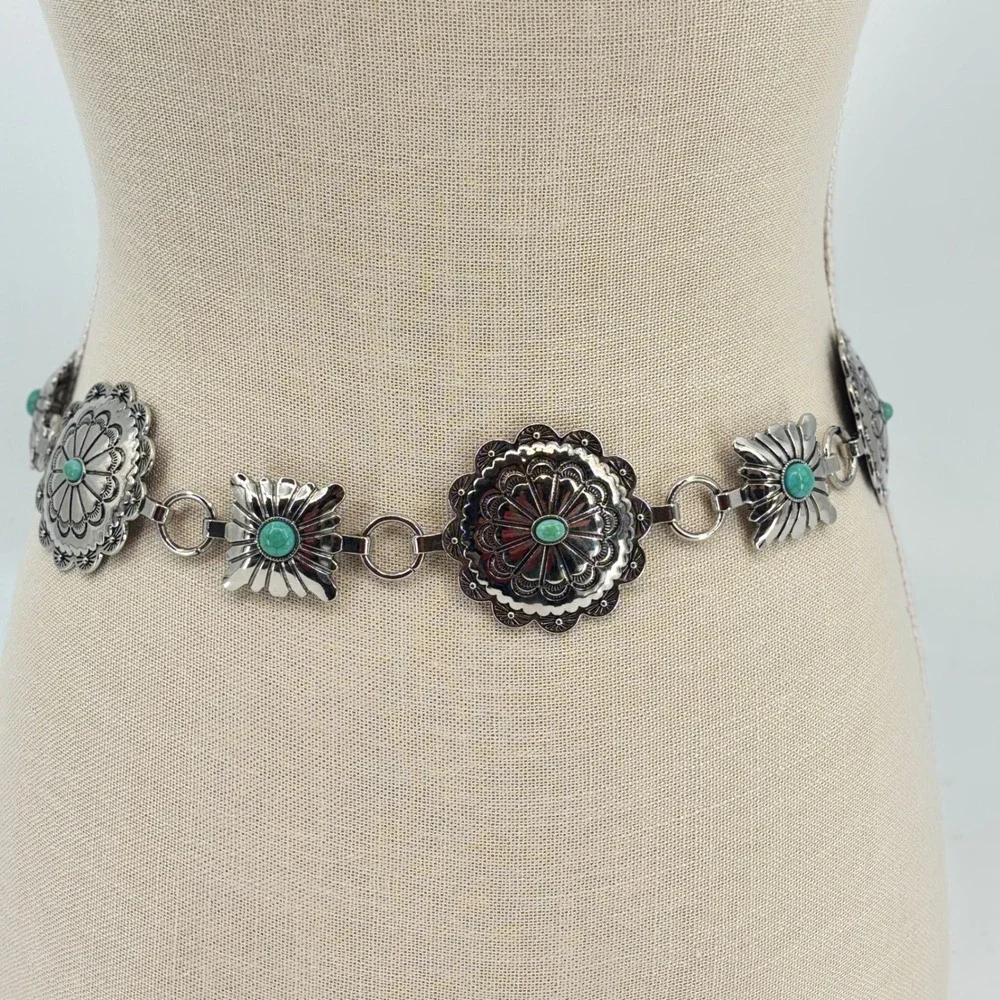 Austin West Concho Chain Belt Women XL Silver Turquoise Southwestern Adjustable
